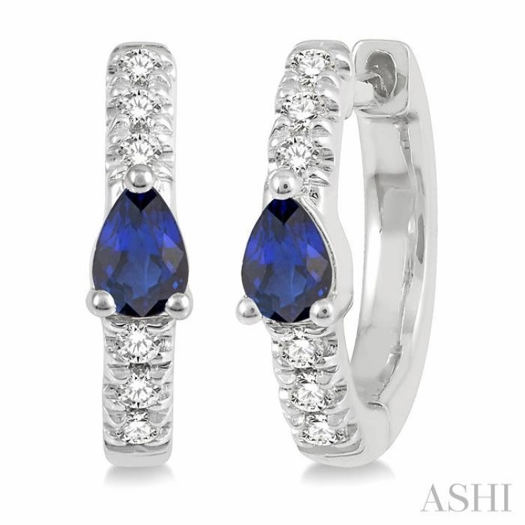 4X3 MM Pear Cut Sapphire and 1/10 Ctw Single Cut Diamond Petite Huggie Earrings in 10K White Gold Monochrome Fit