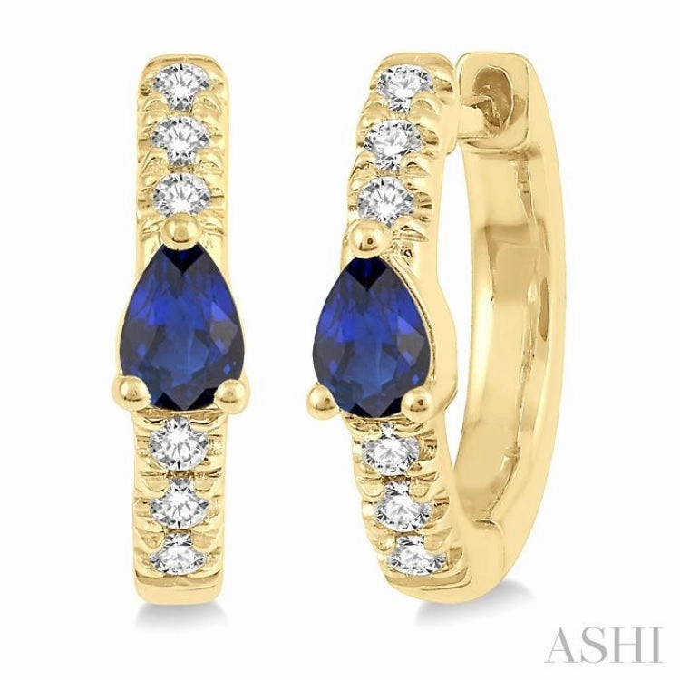 4X3 MM Pear Cut Sapphire and 1/10 Ctw Single Cut Diamond Petite Huggie Earrings in 10K Yellow Gold Bold Craft