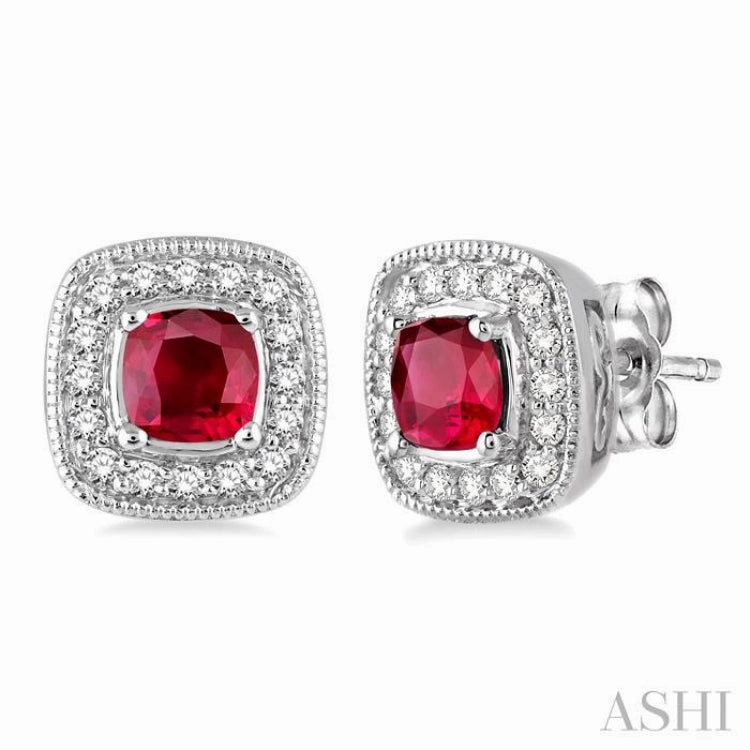 Glossy Finish 4x4 MM Cushion Shape Ruby and 1/5 ctw Round Cut Diamond Earrings in 14K White Gold