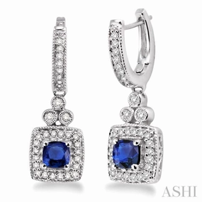 4x4 MM Cushion Shape Sapphire and 1/3 Ctw Round Cut Diamond Earrings in 14K White Gold Glitter Detail Gorgeous Finish