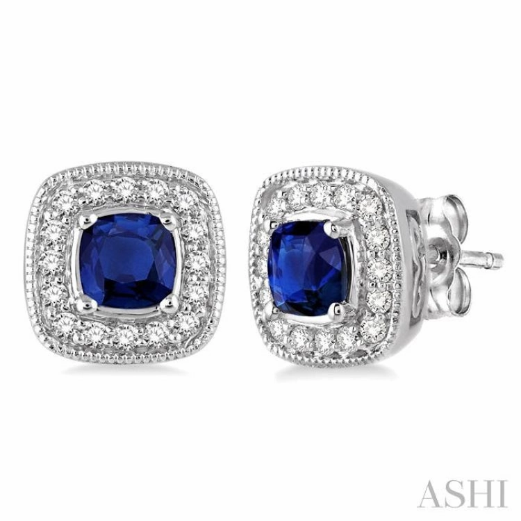 Elegant Detail Daily Outfit 4x4 MM Cushion Shape Sapphire and 1/5 ctw Round Cut Diamond Earrings in 14K White Gold