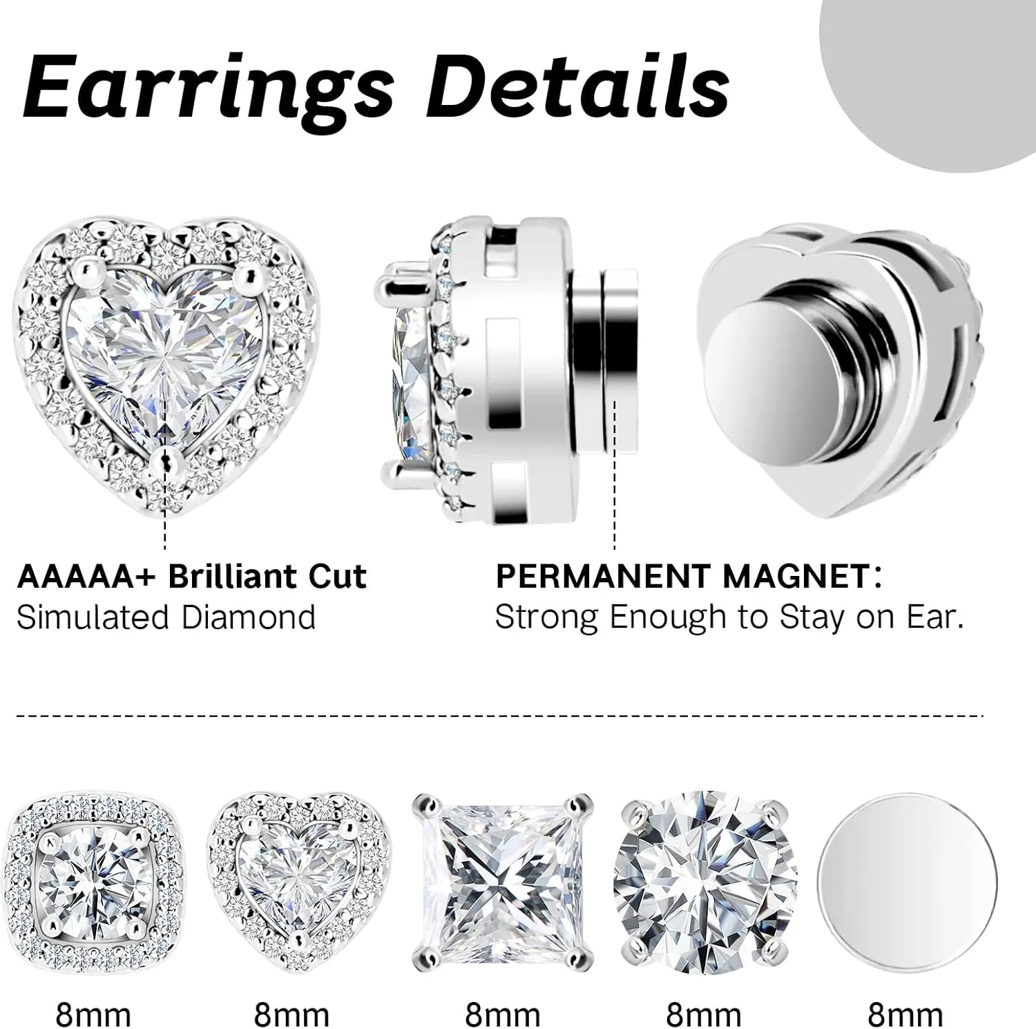 5 Pairs Magnetic Earrings for Men Women, Hypoallergenic Stainless Steel Clip on Stud Earrings Set for Sensitive Ear Non Piercing CZ Fake Earrings Jewelry for Men Women 8mm