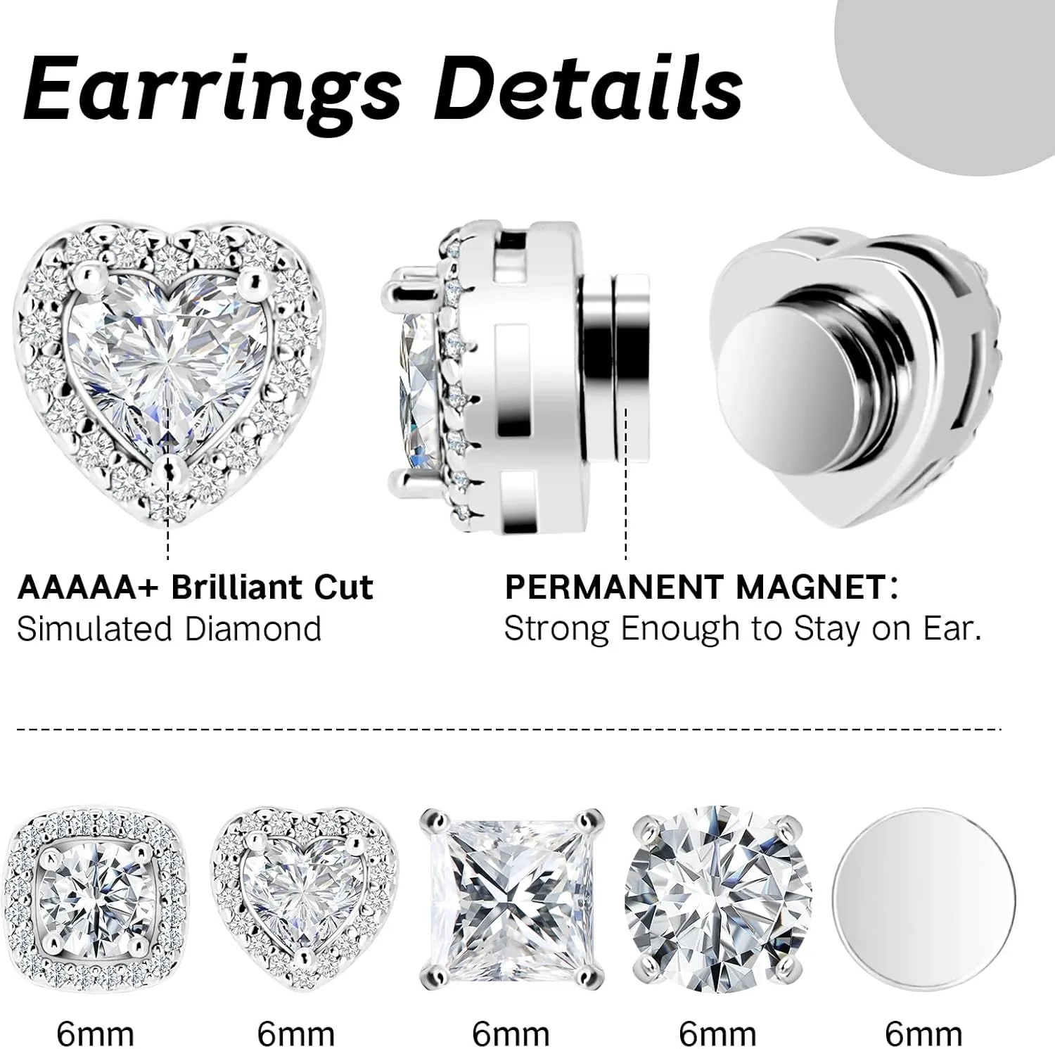 5 Pairs Magnetic Earrings for Men Women, Hypoallergenic Stainless Steel Clip on Stud Earrings Set for Sensitive Ear Non Piercing CZ Fake Earrings Jewelry for Men Women 8mm