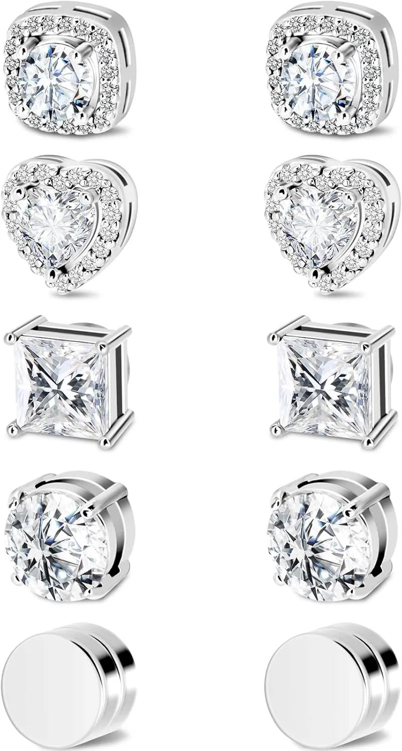 5 Pairs Magnetic Earrings for Men Women, Hypoallergenic Stainless Steel Clip on Stud Earrings Set for Sensitive Ear Non Piercing CZ Fake Earrings Jewelry for Men Women 8mm