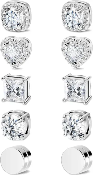 5 Pairs Magnetic Earrings for Men Women, Hypoallergenic Stainless Steel Clip on Stud Earrings Set for Sensitive Ear Non Piercing CZ Fake Earrings Jewelry for Men Women 8mm