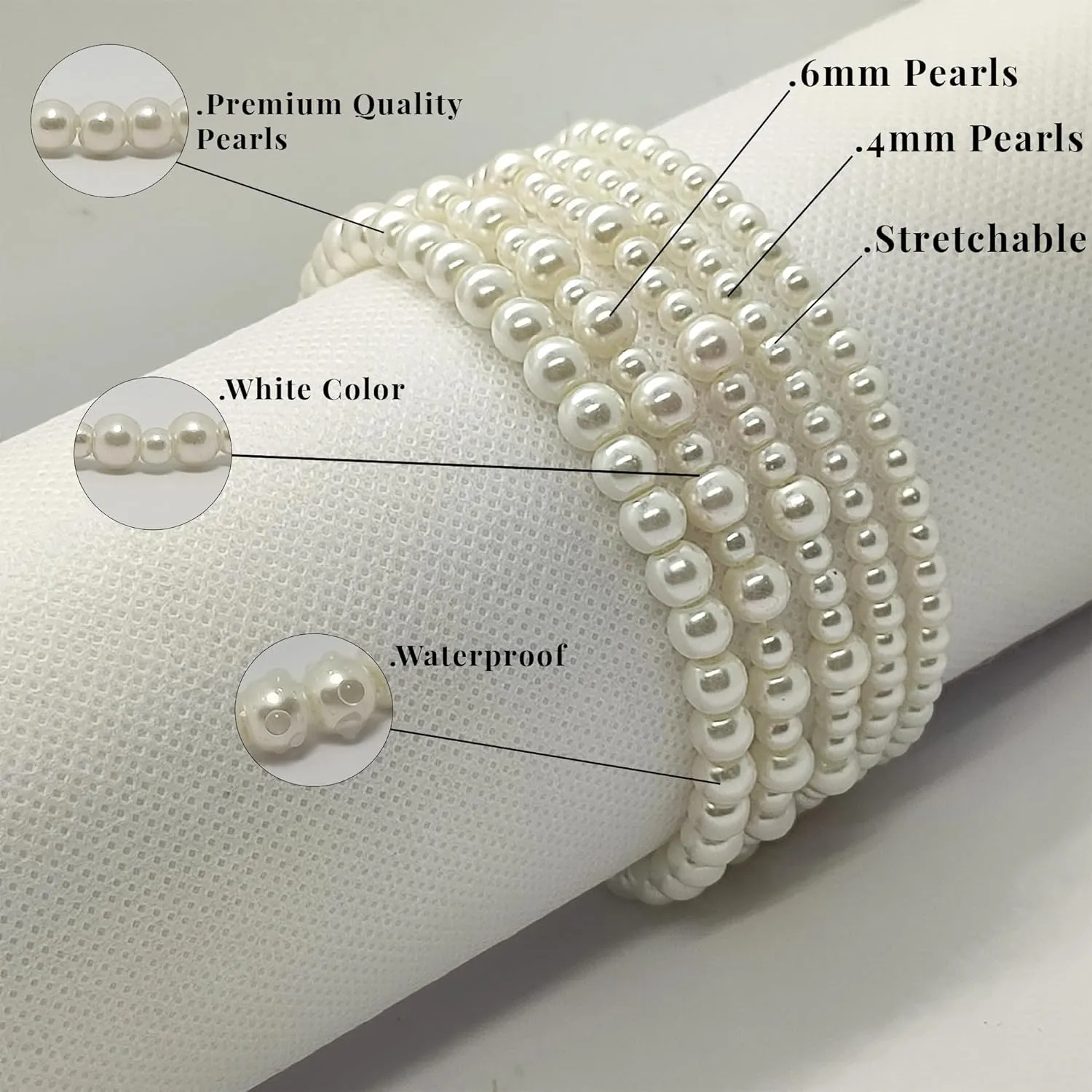 5 Pcs Premium Pearl Bracelets for Women, Stretch Adjustable Pearl Bracelets for Women