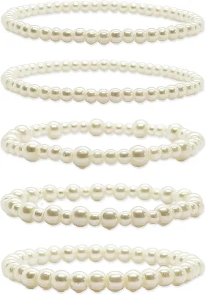 5 Pcs Premium Pearl Bracelets for Women, Stretch Adjustable Pearl Bracelets for Women