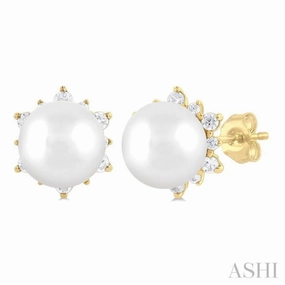 Heritage Style 5.50 MM Round Shape Cultured Pearl and 1/6 Ctw Petite Round Cut Diamond Fashion Stud Earring in 10K Yellow Gold