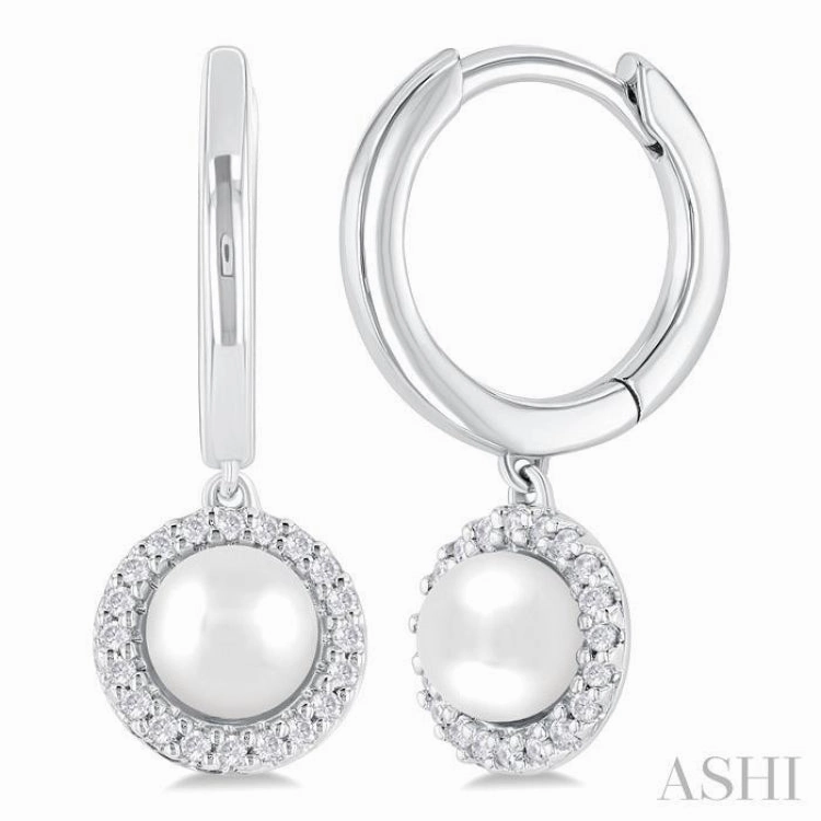 Camera Glow 5.5 MM Round Shape Cultured Pearl and 1/8 Ctw Petite Round Cut Diamond Halo Fashion Huggies in 10K White Gold