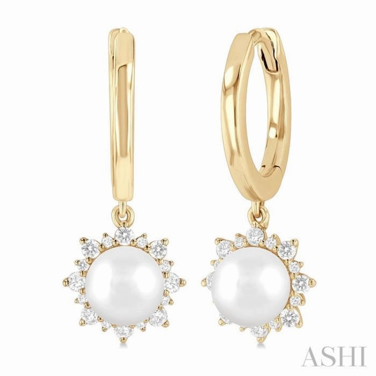 5.5 MM Round Shape Cultured Pearls and 1/5 Ctw Petite Round Cut Diamond Fashion Huggies in 10K Yellow Gold Artful Accent