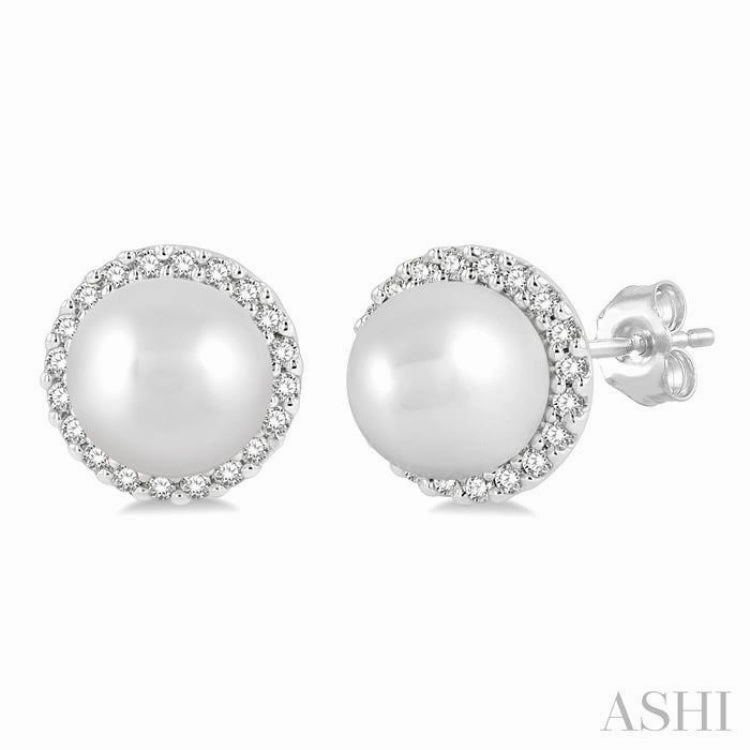 5.5 MM Round Shape Cultured Pearls and 1/8 Ctw Petite Round Cut Diamond Halo Fashion Stud Earring in 10K White Gold Unique Radiance Fine Finish