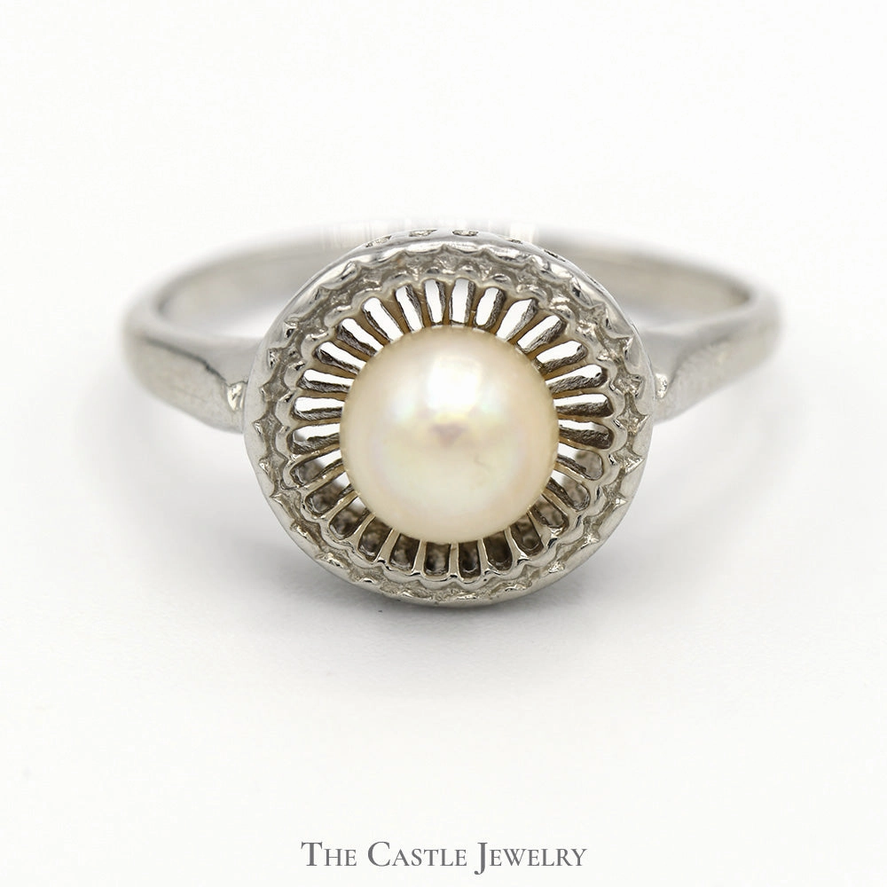 5.5mm Pearl Ring with Circular Open Bezel in 14k White Gold Stylish Mark