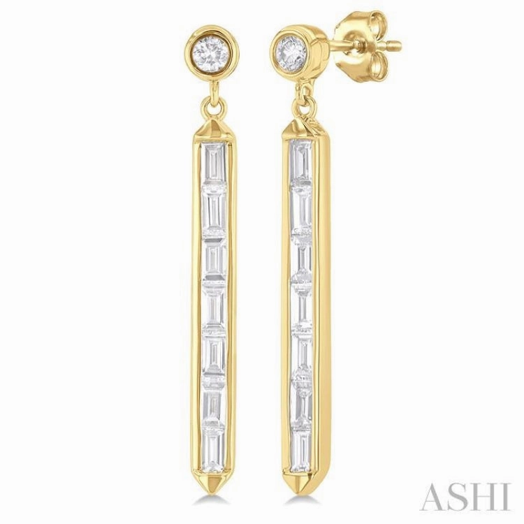 5/8 Ctw Vertical Bar Baguette and Round Cut Diamond Long Fashion Earrings in 14K Yellow Gold Artistic Touch