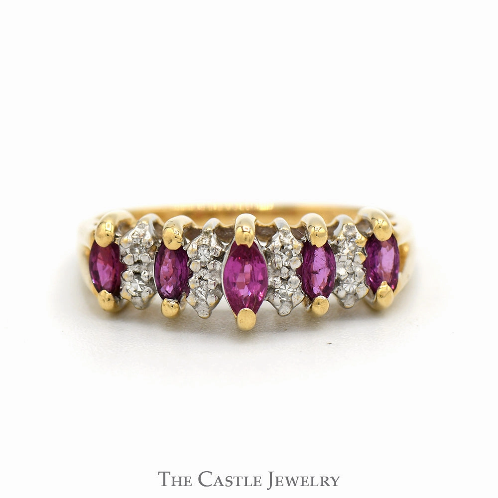 Unique Decoration 5 Marquise Cut Ruby Band with Diamond Accents in 14k Yellow Gold