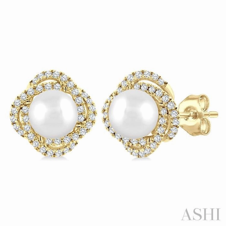 5 MM Cultured Pearl and 1/4 Ctw Single Cut Diamond Petite Fashion Earrings in 10K Yellow Gold Refined Layer
