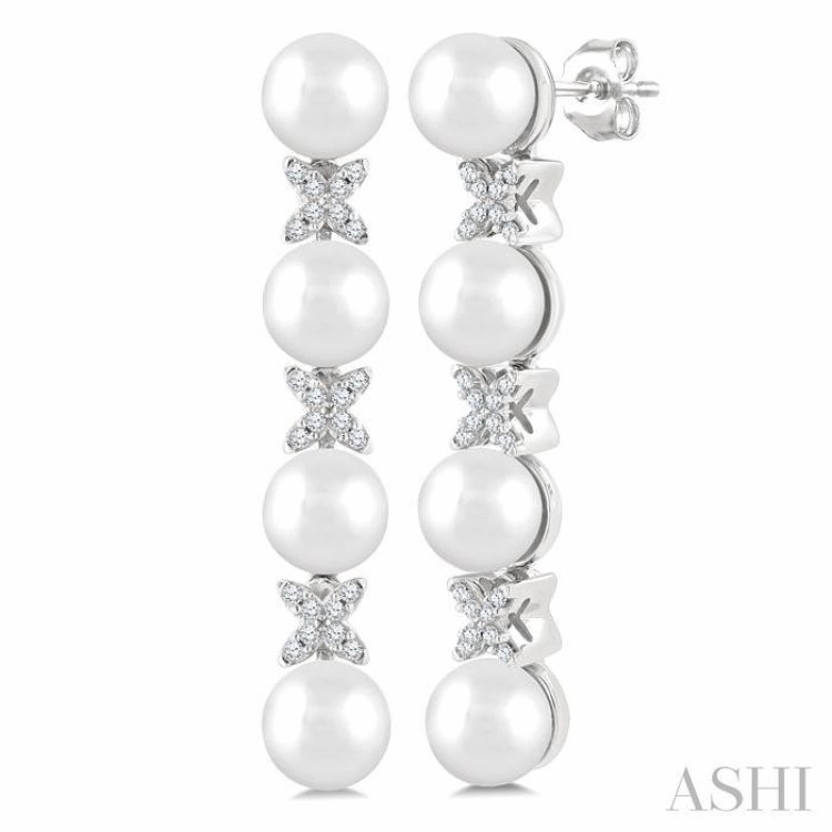 Gift Season 5 MM Cultured Pearl and 1/6 Ctw Round Cut Diamond Floral Fashion Earrings in 14K White Gold