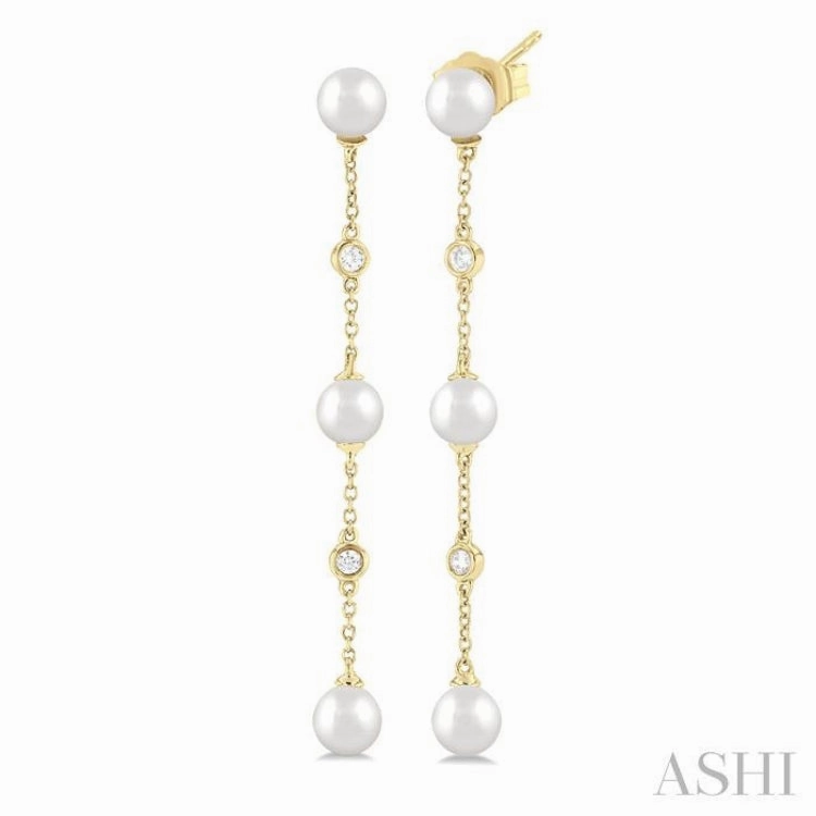 Silky feel 5 MM Round Shape Cultured Pearls and 1/10 Ctw Round Cut Diamond Station Long Earring in 14K Yellow Gold