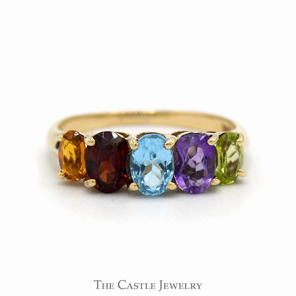 Economical Design Symmetrical design 5 Oval Cut Multi Gemstone Ring in 10k Yellow Gold