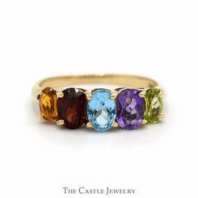 Economical Design Symmetrical design 5 Oval Cut Multi Gemstone Ring in 10k Yellow Gold