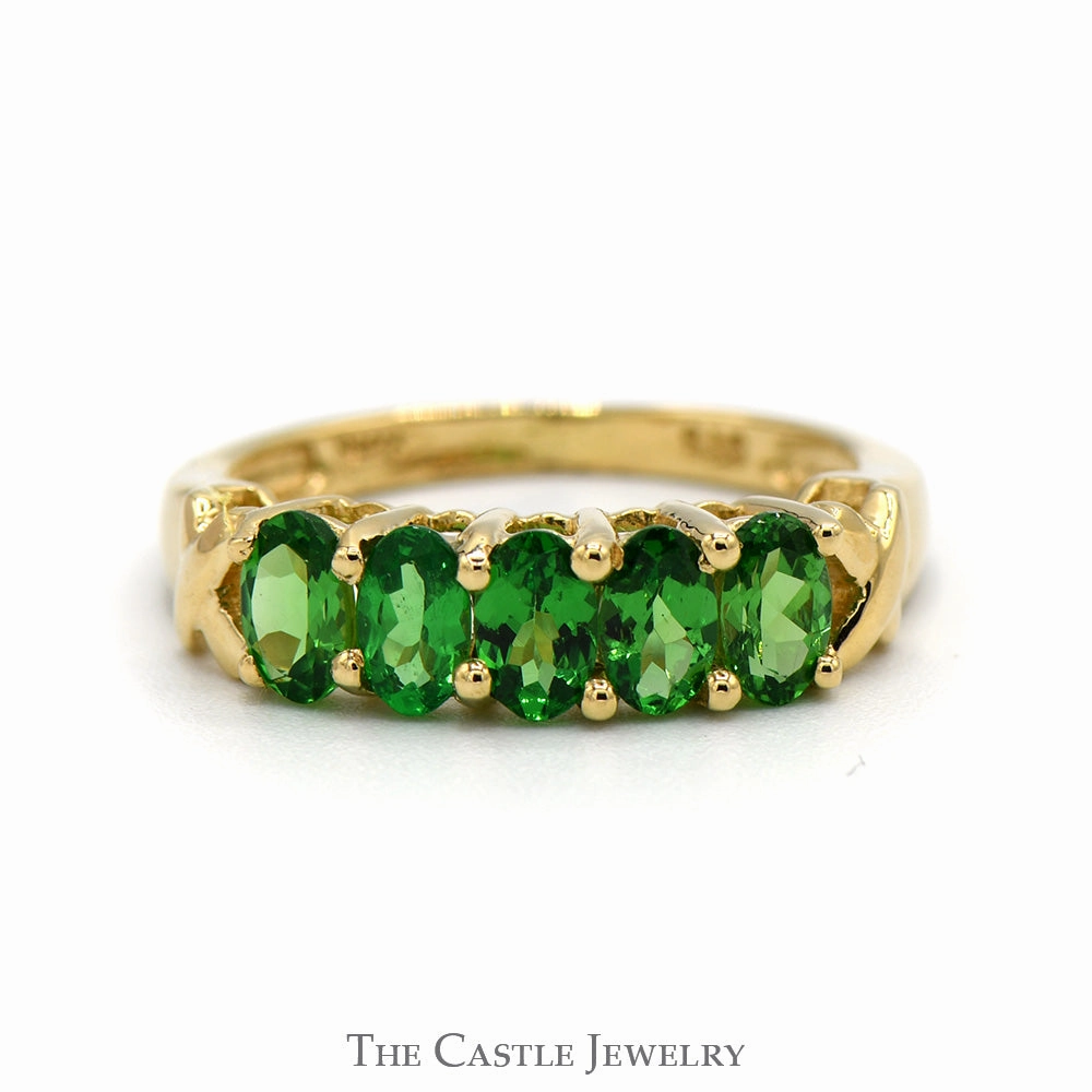 Delicate Art Romantic Statement 5 Oval Cut Tsavorite Garnet Band in 14k Yellow Gold "X" Design