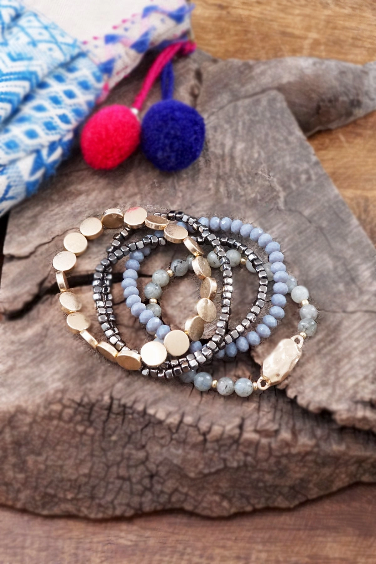 Representative Sample 5 piece Boho Beaded Bracelets Stack Semi Precious Metal Glass Beads Gold tone nugget flat beads