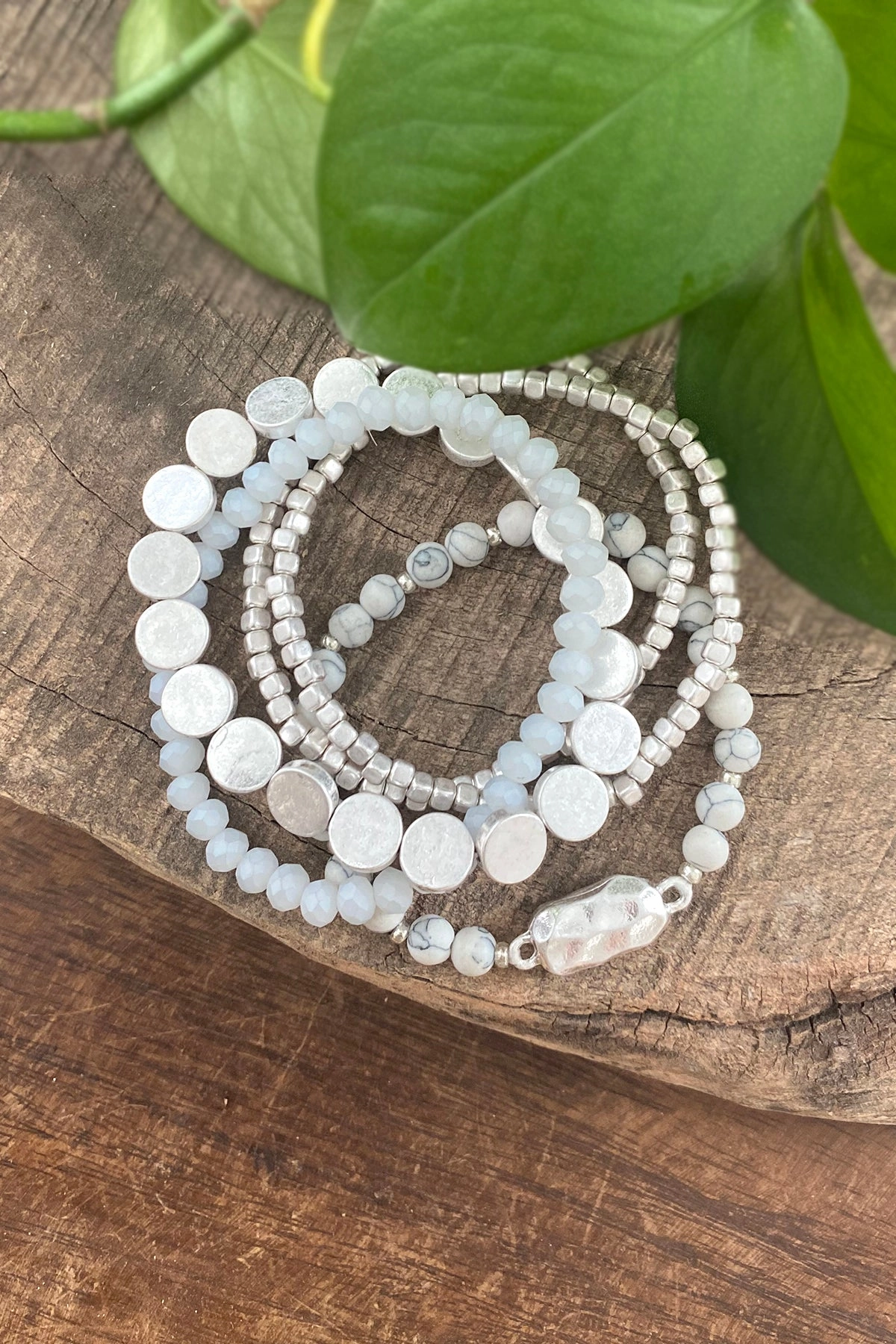 5 piece Boho Beaded Bracelets Stack Semi Precious Metal Glass Beads Silver tone nugget flat beads Cultural Heritage Premium Pick