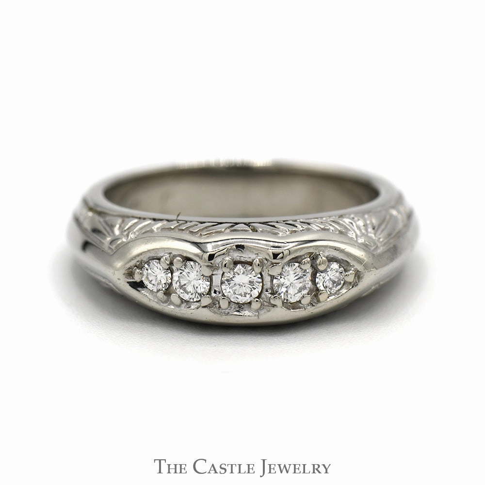 5 Round Diamond Etched Antique Band in 14k White Gold Minimal Structure Sister Present
