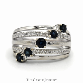 Style Boost Hostess Gift 5 Round Sapphire Ring with Open Diamond Accented Rows in 14k White Gold