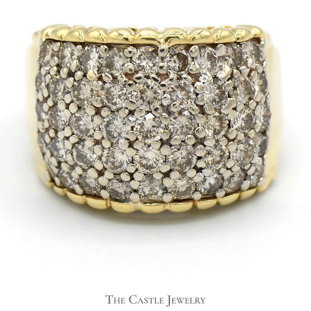5 Row Domed Diamond Cluster Ring with Scalloped Cathedral Mounting in 14k Yellow Gold Sparkling Article