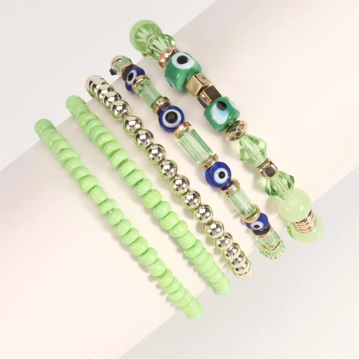 5Pcs Bohemian Stackable Beaded Bracelets Set for Women,Multilayer Evil Eye Bracelets,Boho Layered Strand Bead Bracelets, Handmade Crystal Lucky Protection Stretch Bracelets for Women