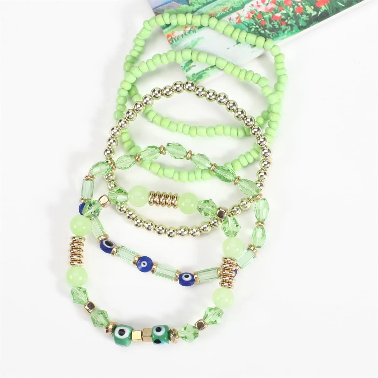 5Pcs Bohemian Stackable Beaded Bracelets Set for Women,Multilayer Evil Eye Bracelets,Boho Layered Strand Bead Bracelets, Handmade Crystal Lucky Protection Stretch Bracelets for Women