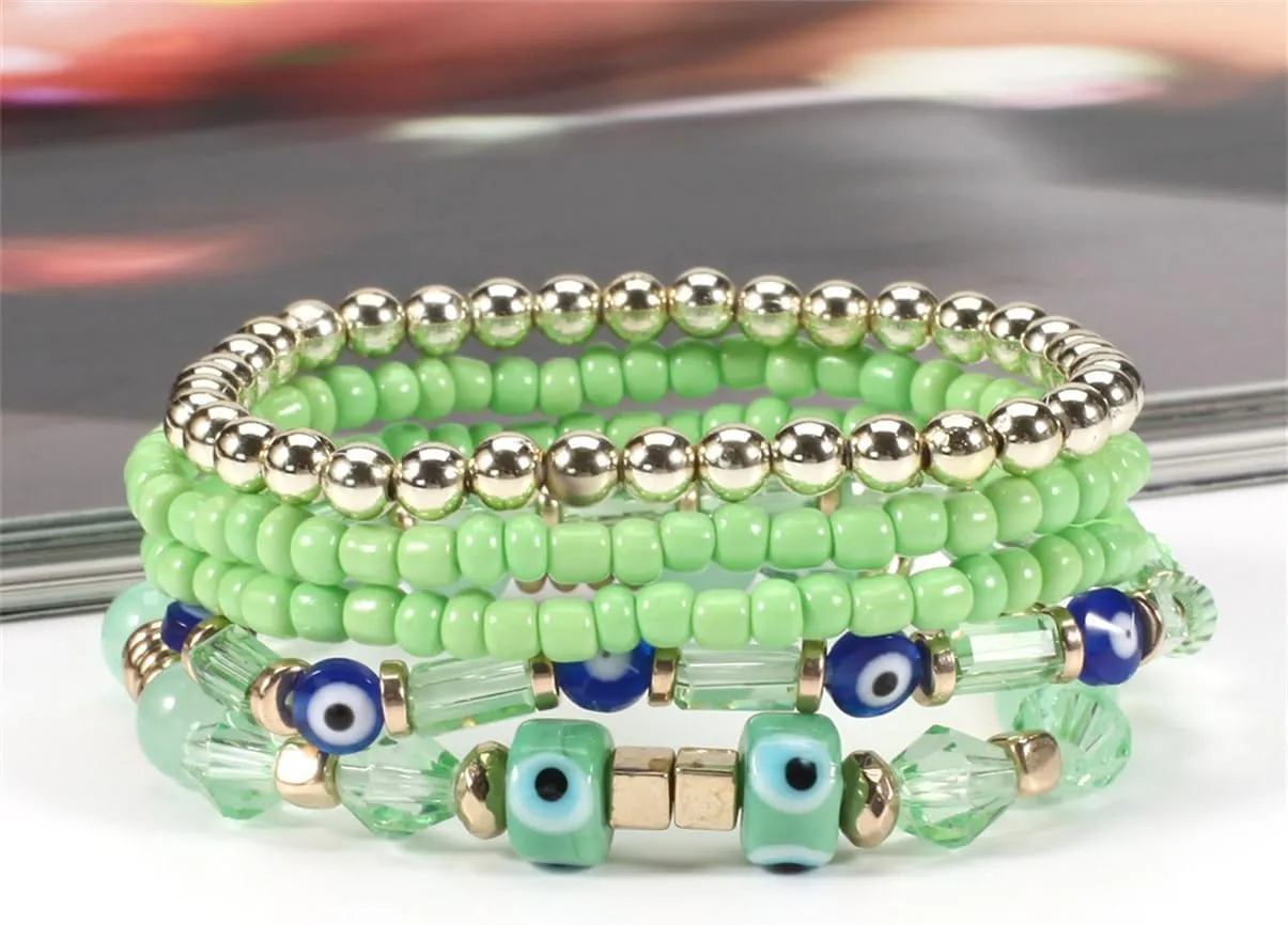 5Pcs Bohemian Stackable Beaded Bracelets Set for Women,Multilayer Evil Eye Bracelets,Boho Layered Strand Bead Bracelets, Handmade Crystal Lucky Protection Stretch Bracelets for Women