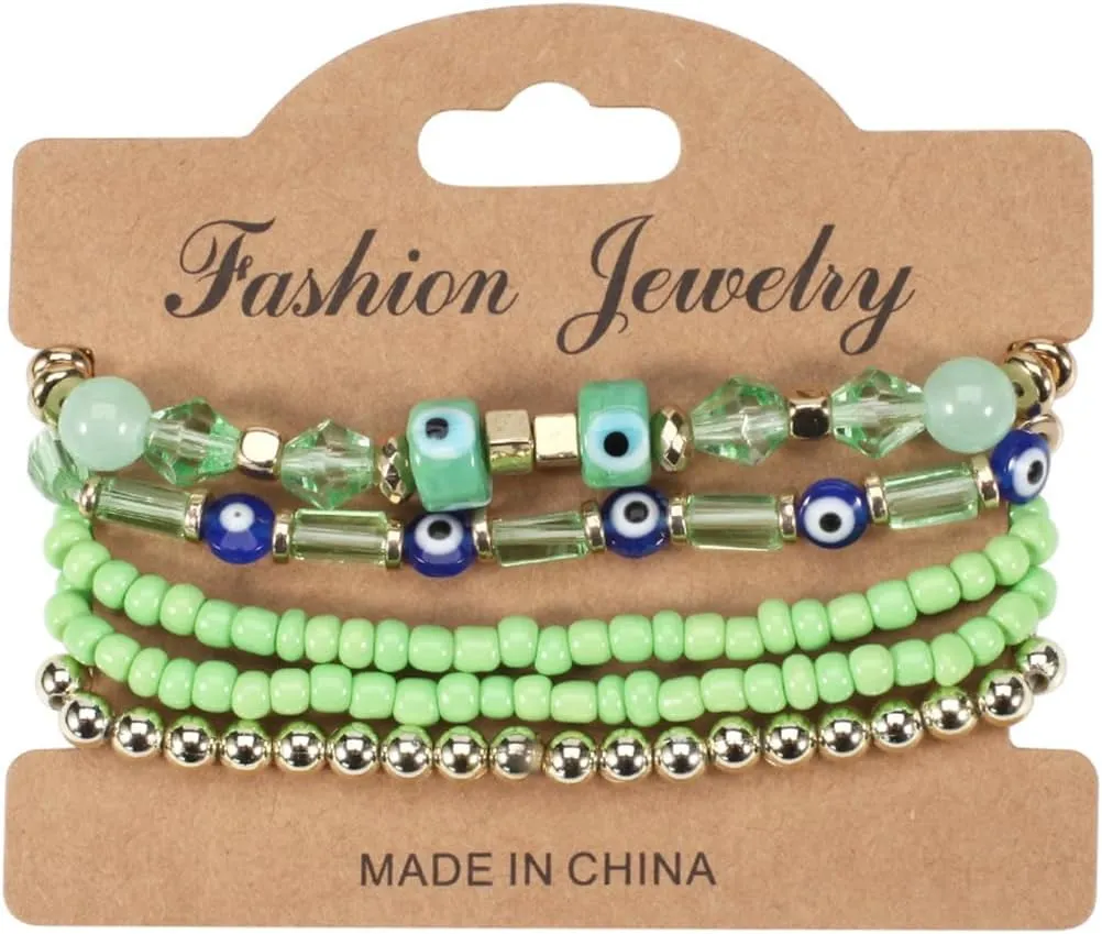 5Pcs Bohemian Stackable Beaded Bracelets Set for Women,Multilayer Evil Eye Bracelets,Boho Layered Strand Bead Bracelets, Handmade Crystal Lucky Protection Stretch Bracelets for Women