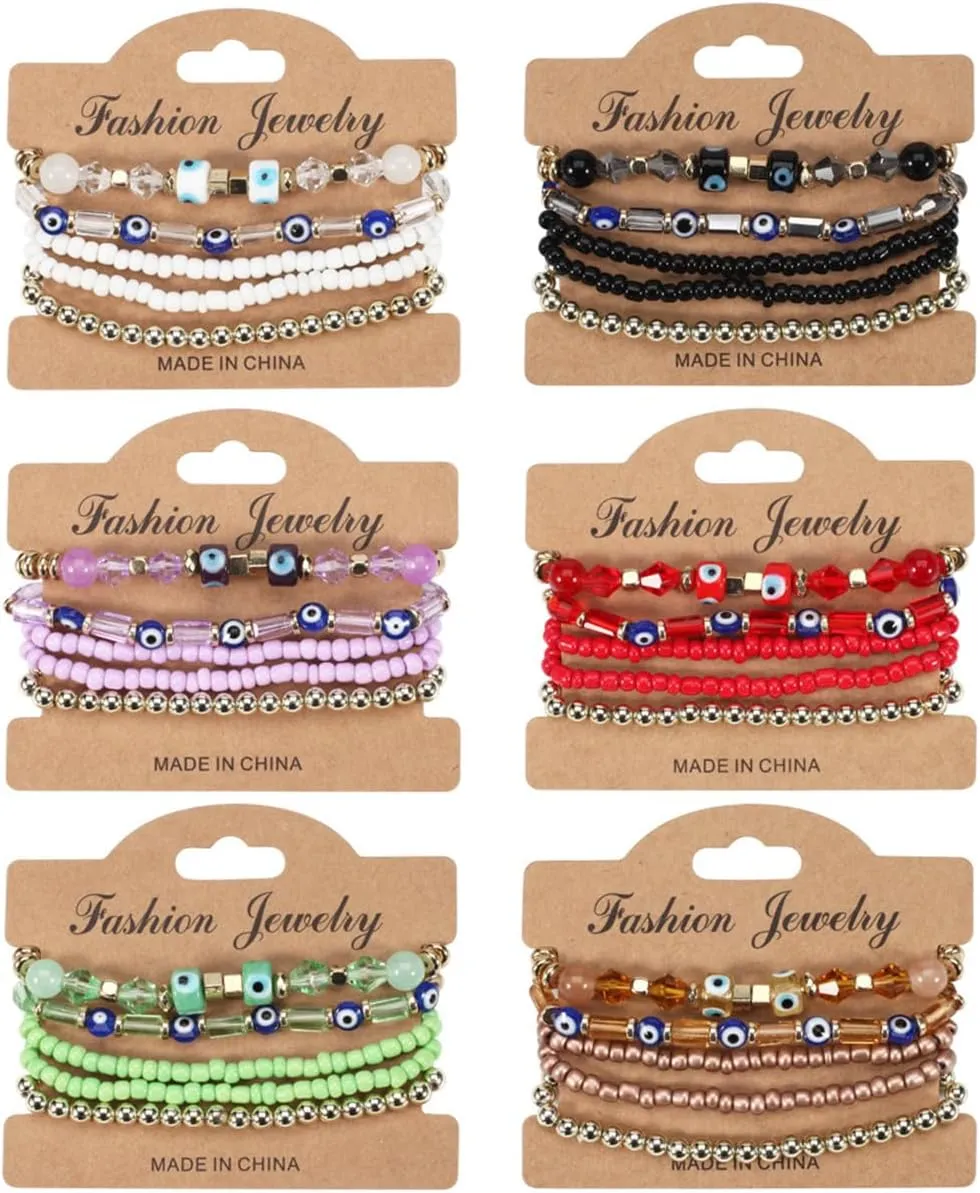 5Pcs Bohemian Stackable Beaded Bracelets Set for Women,Multilayer Evil Eye Bracelets,Boho Layered Strand Bead Bracelets, Handmade Crystal Lucky Protection Stretch Bracelets for Women