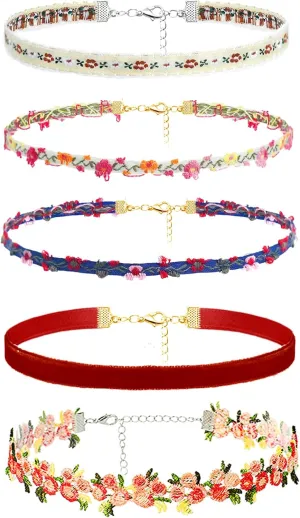 5PCS Choker Necklace Set Colorful Choker Necklace for Women Classic Chokers for Women Cute Lace Velvet Choker Set Flower Necklaces Gothic Collar Accessories Gifts for Her