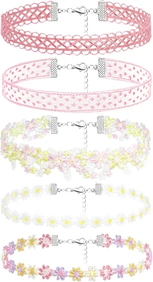 5PCS Choker Necklace Set Colorful Choker Necklace for Women Classic Chokers for Women Cute Lace Velvet Choker Set Flower Necklaces Gothic Collar Accessories Gifts for Her