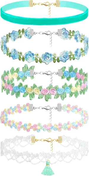 5PCS Choker Necklace Set Colorful Choker Necklace for Women Classic Chokers for Women Cute Lace Velvet Choker Set Flower Necklaces Gothic Collar Accessories Gifts for Her