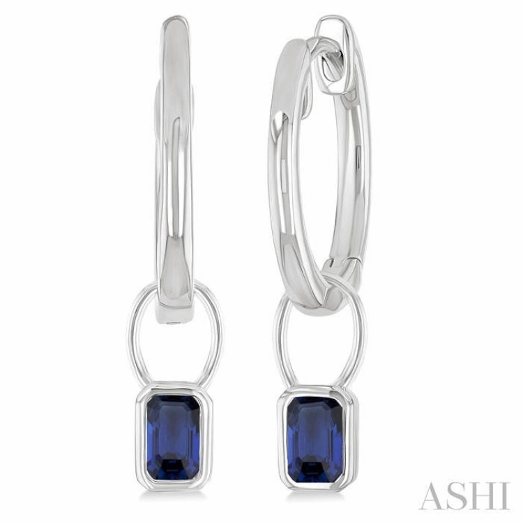 Shimmering Touch 5x3 MM Bezel Set Emerald Cut Sapphire Precious Fashion Huggie Earrings in 10K White Gold