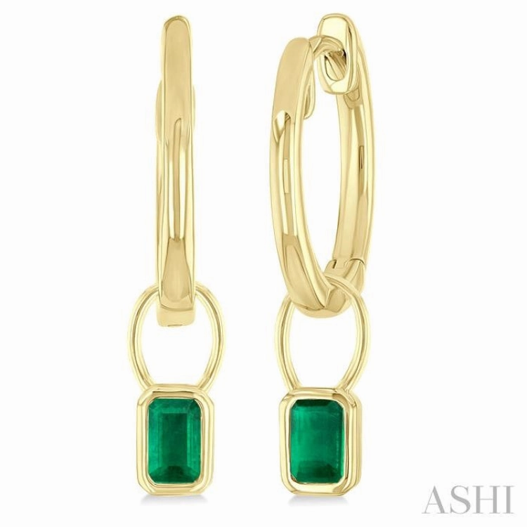 Sophisticated Touch Graceful Look 5x3 MM Bezel Set Emerald Precious Fashion Huggie Earrings in 10K Yellow Gold