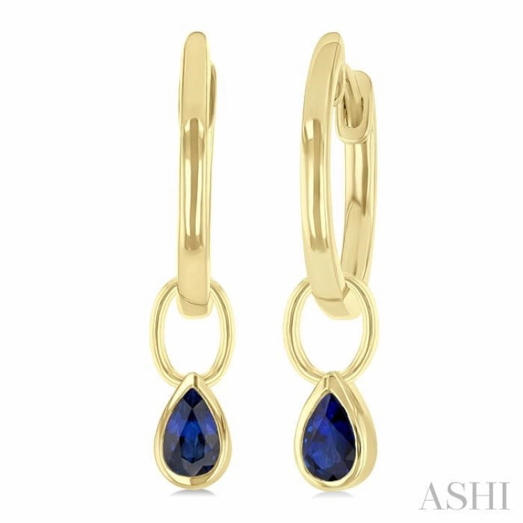 5x3 MM Bezel Set Pear Cut Sapphire Precious Fashion Huggie Earrings in 14K Yellow Gold Everyday Spark
