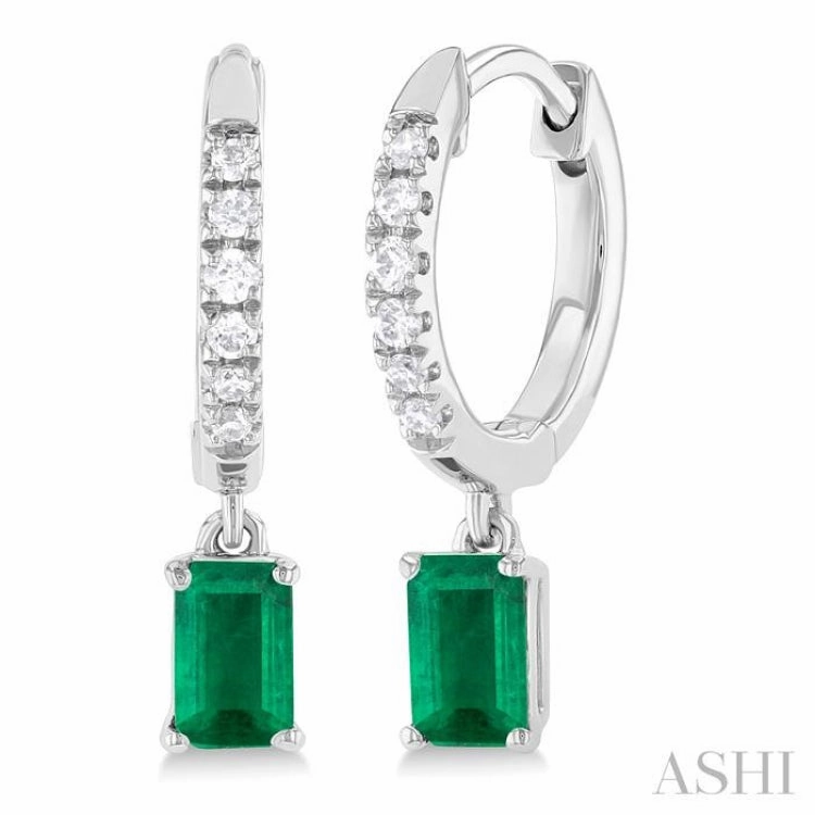 Unique Accessories 5x3 MM Emerald Cut Emerald and 1/8 Ctw Round Cut Diamond Precious Petite Fashion Huggies in 10K White Gold