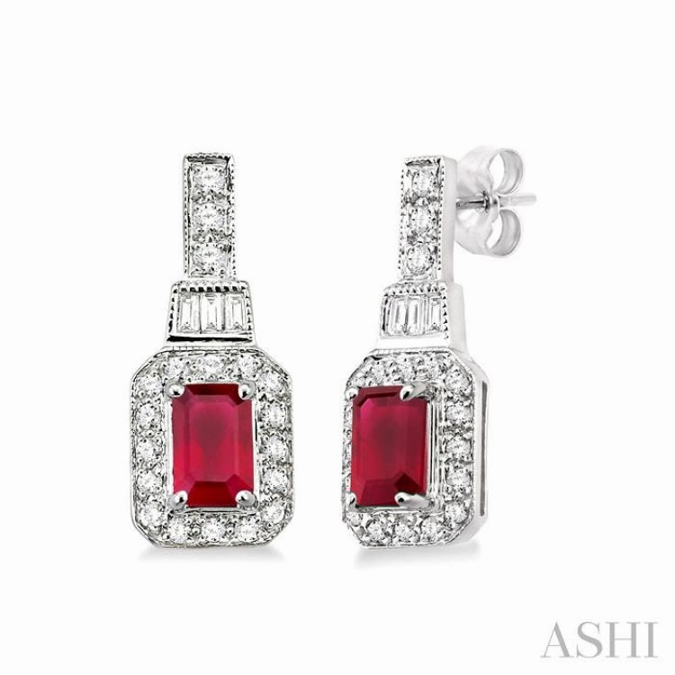 Polished Style Handcrafted Feature 5x3 MM Emerald Shape Ruby and 1/4 ctw Round and Baguette Cut Diamond Earrings in 14K White Gold