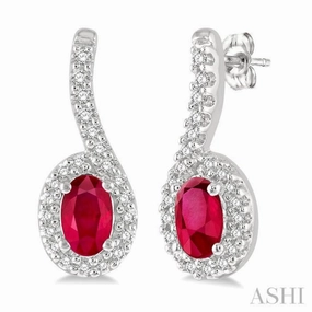 5x3 MM Hanging Arm Oval Cut Ruby and 1/6 ctw Round Cut Diamond Precious Earring in 10K White Gold Highlight Accent Exquisite Piece