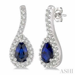 5x3 MM Hanging Arm Pear Cut Sapphire and 1/6 ctw Round Cut Diamond Precious Earring in 10K White Gold Luxury Shape