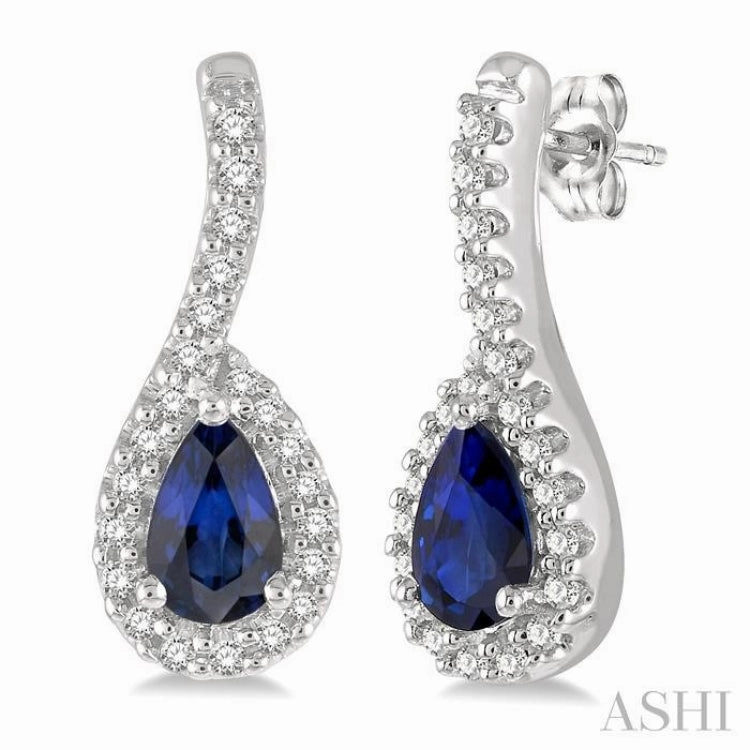 5x3 MM Hanging Arm Pear Cut Sapphire and 1/6 ctw Round Cut Diamond Precious Earring in 10K White Gold Luxury Shape
