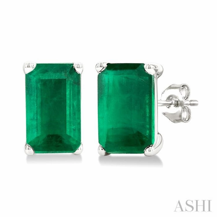 5X3 MM Octagon Shape Emerald Precious Stud Earrings in 14K White Gold Chic Touch Sparkle Focus