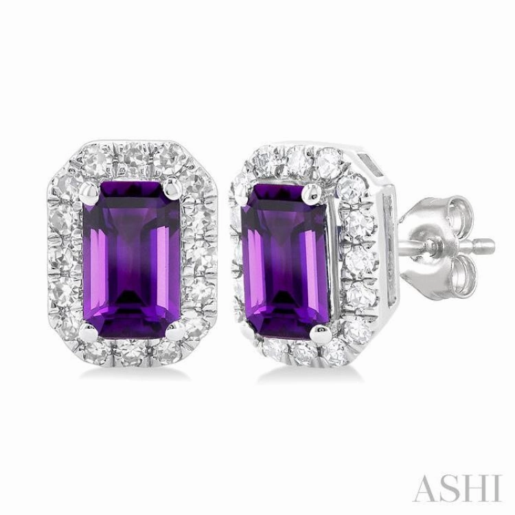 5x3 MM Octagonal Shape Amethyst and 1/8 Ctw Single Cut Diamond Halo Semi-Precious Stud Earrings in 10K White Gold Moonlight Mood