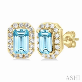5x3 MM Octagonal Shape Aquamarine and 1/8 Ctw Single Cut Diamond Halo Semi-Precious Stud Earrings in 10K Yellow Gold Modern Radiance