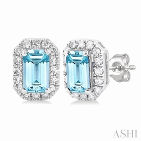 Pastel Light Distinctive Shine 5x3 MM Octagonal Shape Aquamarine and 1/8 Ctw Single Cut Diamond Halo Semi-Precious Stud Earrings in 14K White Gold