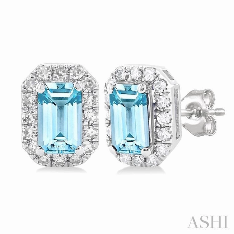 Pastel Light Distinctive Shine 5x3 MM Octagonal Shape Aquamarine and 1/8 Ctw Single Cut Diamond Halo Semi-Precious Stud Earrings in 14K White Gold